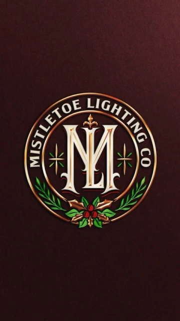 Mistletoe Lighting Co. logo with gold trim, green mistletoe, and red berries on a dark brown background. Letter M in the center.