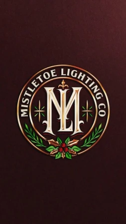 Mistletoe Lighting Co. logo with gold trim, green mistletoe, and red berries on a dark brown background. Letter M in the center.