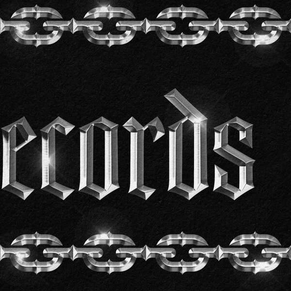 Black background with metallic font spelling out 'records', framed by metallic chains, creating a textured, industrial aesthetic.