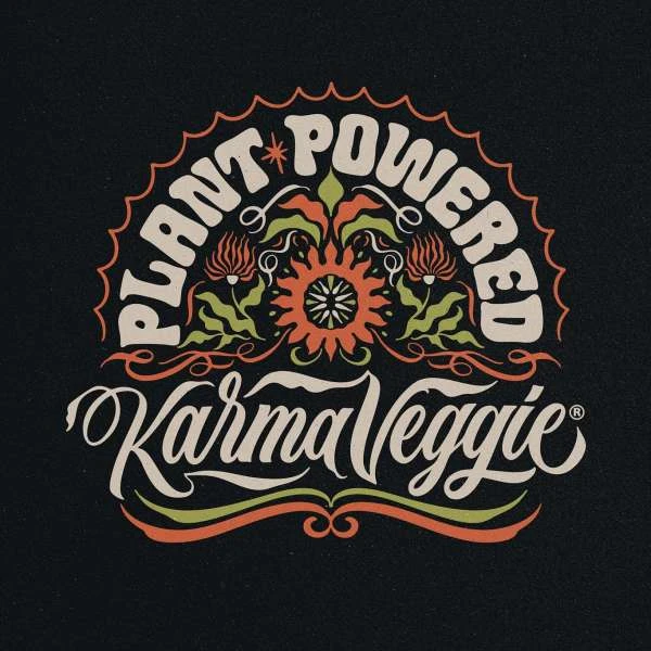 Plant Powered Karma Veggie logo with floral design elements in orange, green, and cream on a dark background. Food and beverage graphic.