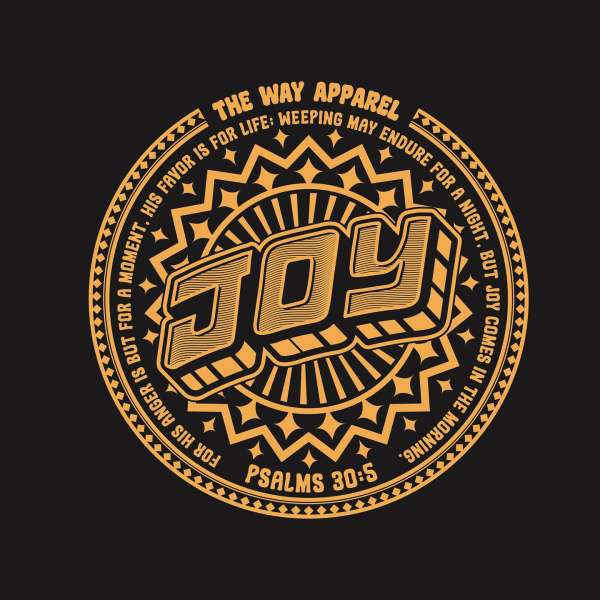 Graphic design featuring the word 'JOY' in a stylized font, encircled by a patterned border and text on a dark background.