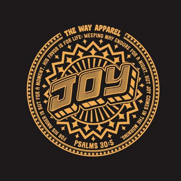 Graphic design featuring the word 'JOY' in a stylized font, encircled by a patterned border and text on a dark background.