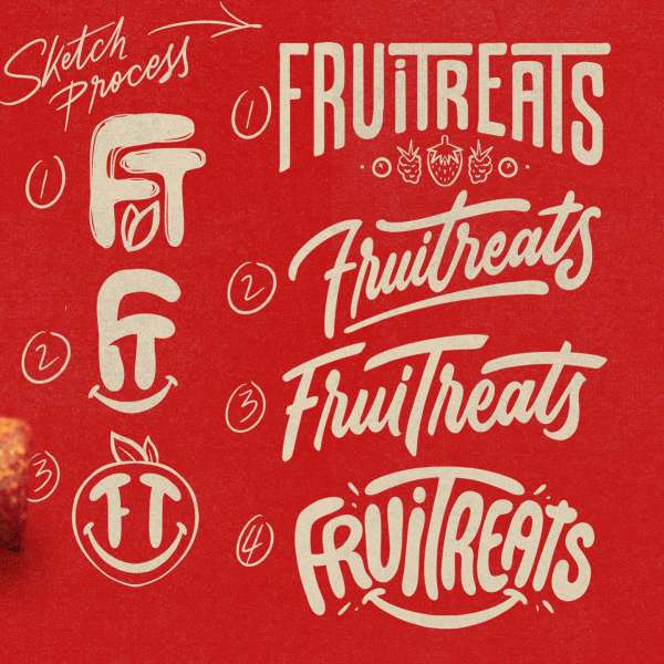 Four variations of the word "FRUITREATS" are shown with stylized lettering, along with the sketches of the brand logo and its development.