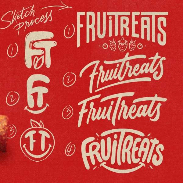 Four variations of the word "FRUITREATS" are shown with stylized lettering, along with the sketches of the brand logo and its development.