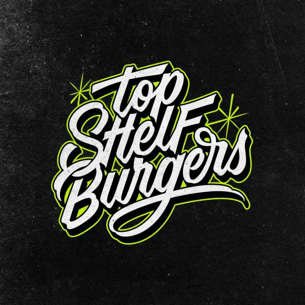Top Shelf Burgers text art logo in script style with neon green accents against a dark, textured background for a retro-inspired feel.