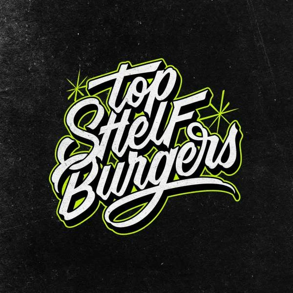 Top Shelf Burgers text art logo in script style with neon green accents against a dark, textured background for a retro-inspired feel.