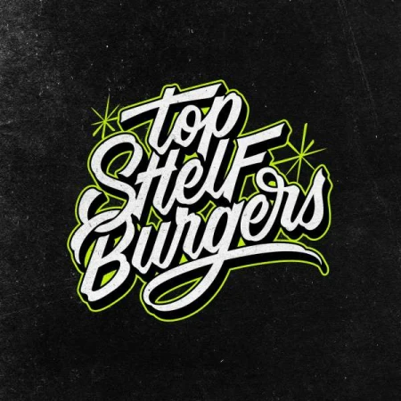 Top Shelf Burgers text art logo in script style with neon green accents against a dark, textured background for a retro-inspired feel.