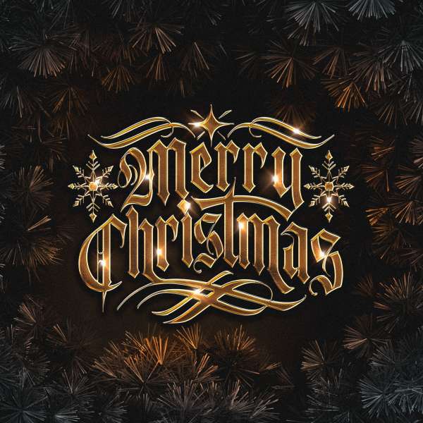 Golden Merry Christmas text with snowflake details and a blurred pine needle background in black and gold. Festive holiday design.