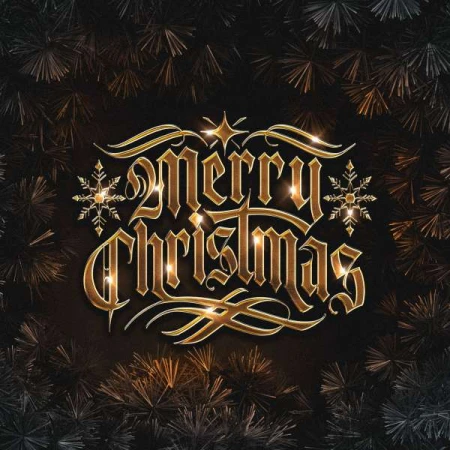 Golden Merry Christmas text with snowflake details and a blurred pine needle background in black and gold. Festive holiday design.