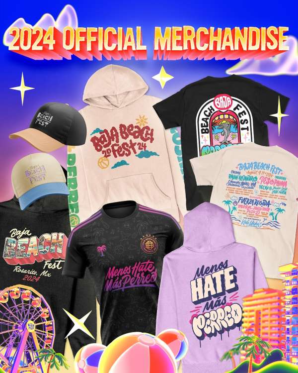 Baja Beach Fest 2024 merchandise featuring T-shirts, hoodies, and hats. A Ferris wheel and buildings are in the background.
