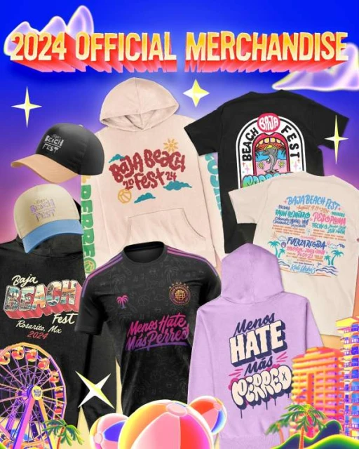 Baja Beach Fest 2024 merchandise featuring T-shirts, hoodies, and hats. A Ferris wheel and buildings are in the background.