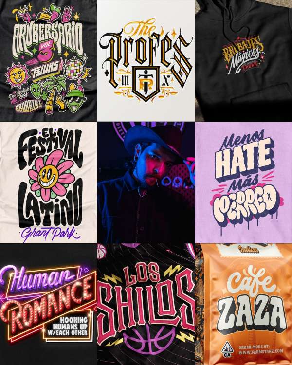 Collage of nine graphics featuring shirts, hoodies, and packaging with text including 'Human Romance,' 'Cafe Zaza,' and 'Los Shilos'.