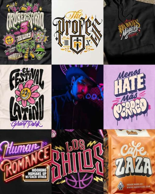 Collage of nine graphics featuring shirts, hoodies, and packaging with text including 'Human Romance,' 'Cafe Zaza,' and 'Los Shilos'.