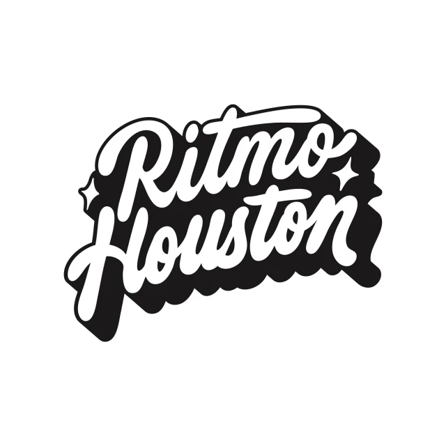 Black and white graphic logo with stylized text 'Ritmo Houston' on a white background, suitable for music or event branding.