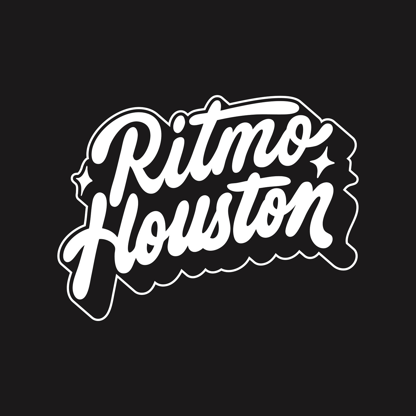 Bold black background with white text art featuring the words 'Ritmo Houston' in a decorative, cursive sans-serif font style.