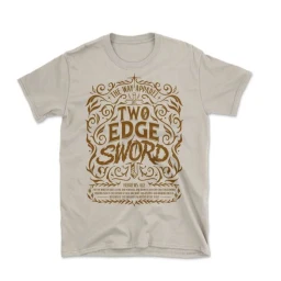 Beige crew neck t-shirt featuring intricate brown typographic chest print two edge sword by Alan Guzman against a plain white background.