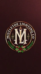 Round metallic monogram logo for Mistletoe Lighting Co featuring intertwined gold letters and green leaves with red berries against a dark textured background