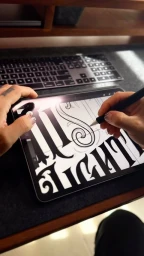 Close-up of hands using a digital stylus on a tablet screen to sketch ornate typography.