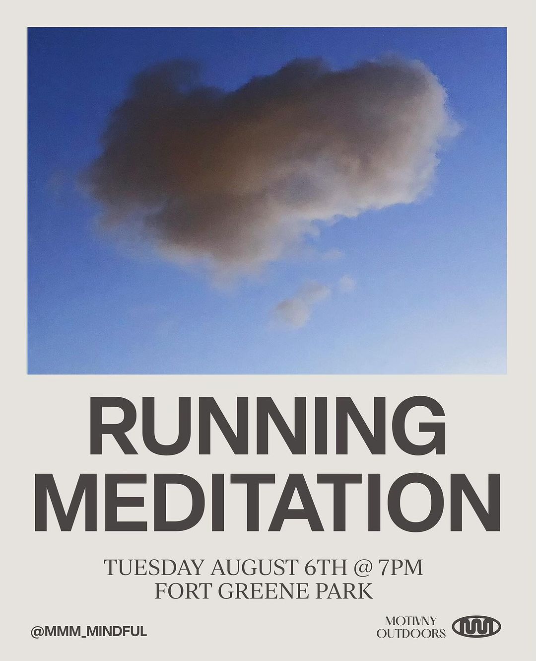 An outdoor event advertisement featuring a cloud resembling a heart shape in a blue sky, promoting running and meditation.