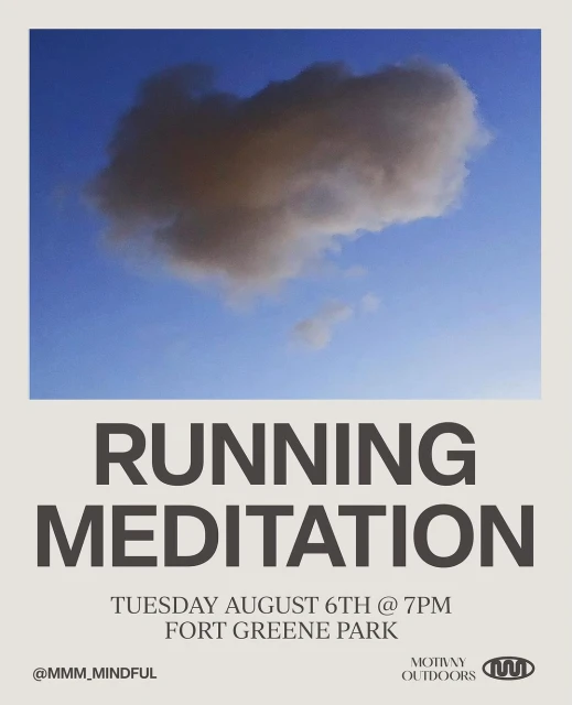 An outdoor event advertisement featuring a cloud resembling a heart shape in a blue sky, promoting running and meditation.