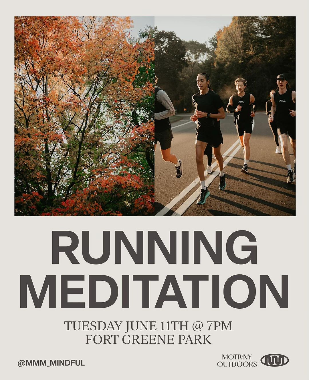 Four athletic adult men run on a tree-lined road, promoting a running meditation event on a poster with text about location and time.