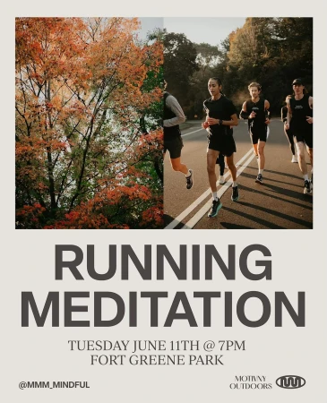 Four athletic adult men run on a tree-lined road, promoting a running meditation event on a poster with text about location and time.