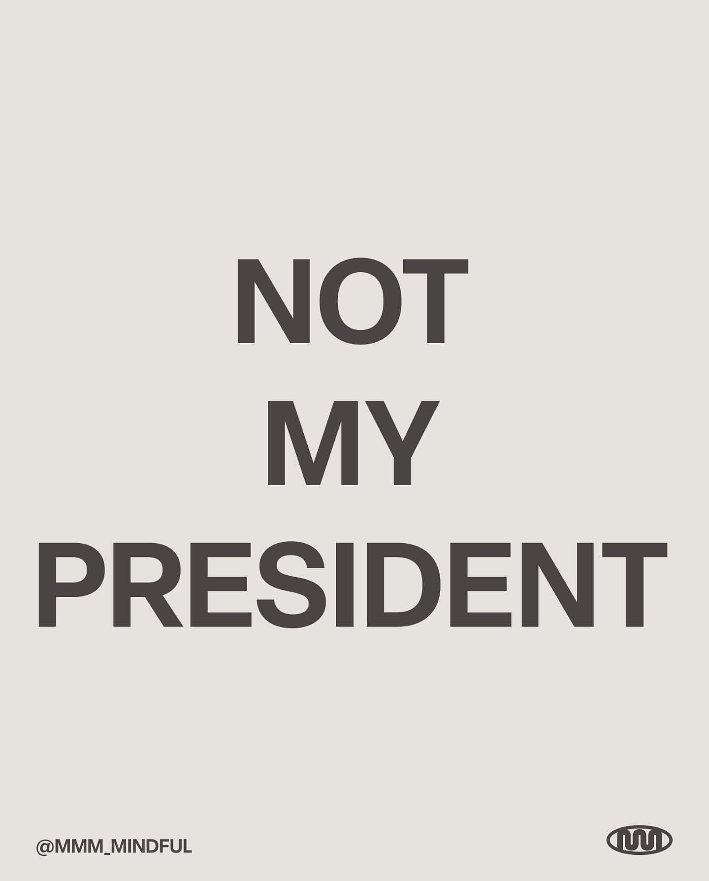 Minimalist graphic art with bold text "NOT MY PRESIDENT" on a light beige background with design element and text in lower corners.