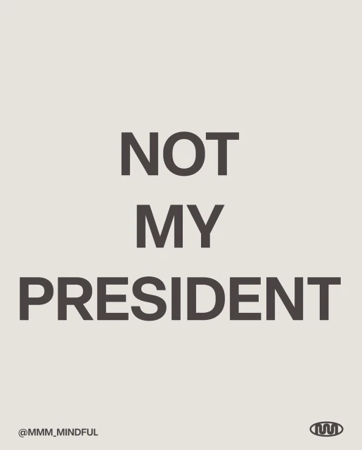 Minimalist graphic art with bold text "NOT MY PRESIDENT" on a light beige background with design element and text in lower corners.