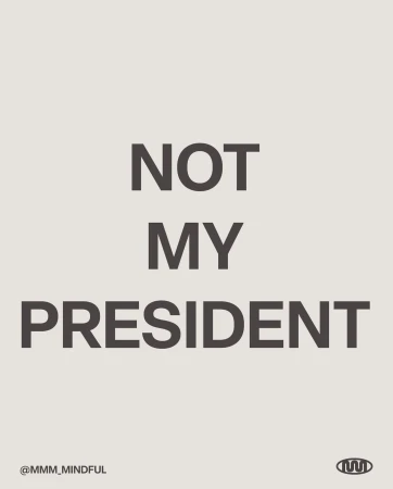 Minimalist graphic art with bold text "NOT MY PRESIDENT" on a light beige background with design element and text in lower corners.