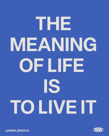 Typography art on blue background displaying 'The meaning of life is to live it' in white sans-serif font.