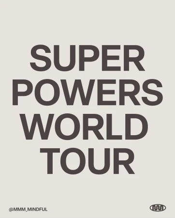 Typography poster featuring bold dark capital text reading SUPER POWERS WORLD TOUR on a light grey background.