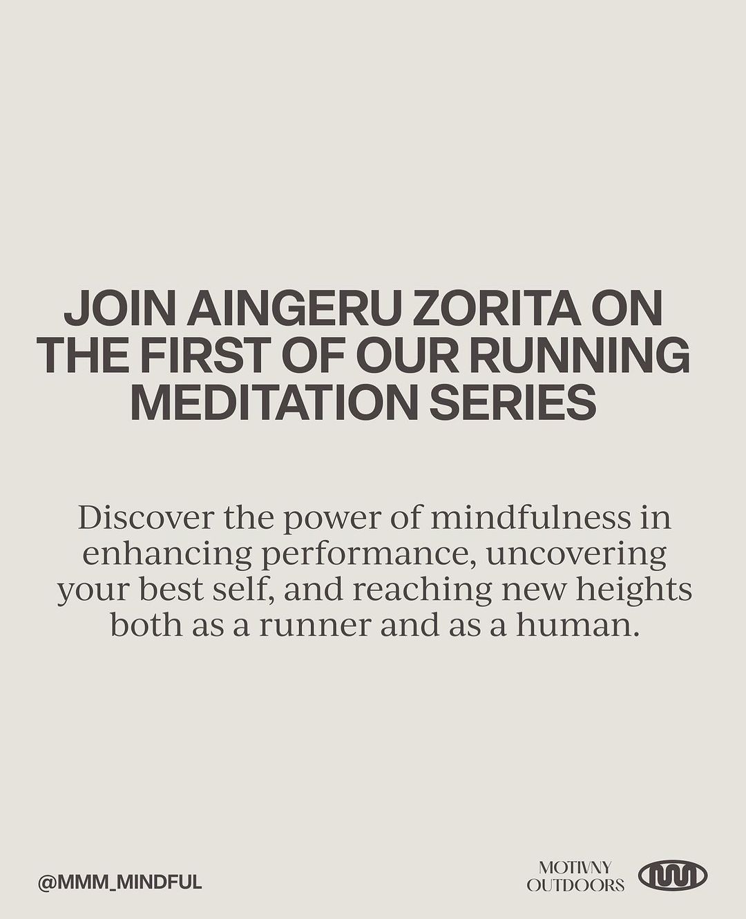 Promotional image for Aingeru Zorita's running meditation series with text on mindfulness, performance, and self-discovery against a beige backdrop.