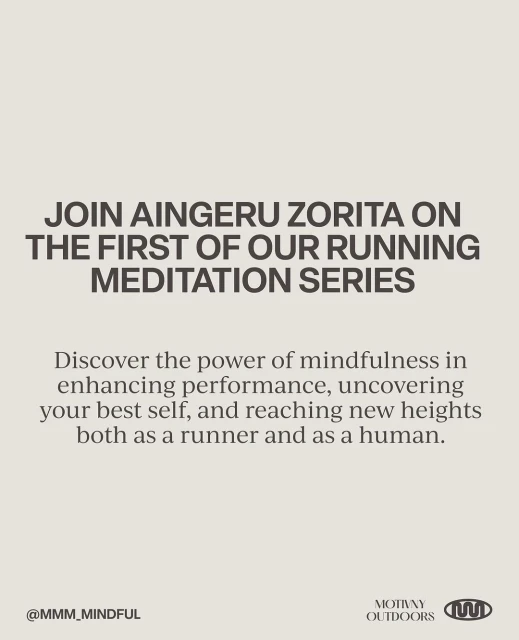Promotional image for Aingeru Zorita's running meditation series with text on mindfulness, performance, and self-discovery against a beige backdrop.