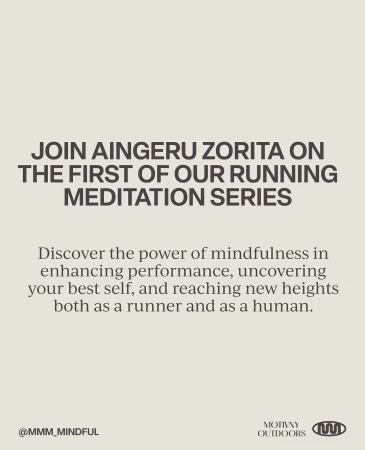 Promotional image for Aingeru Zorita's running meditation series with text on mindfulness, performance, and self-discovery against a beige backdrop.