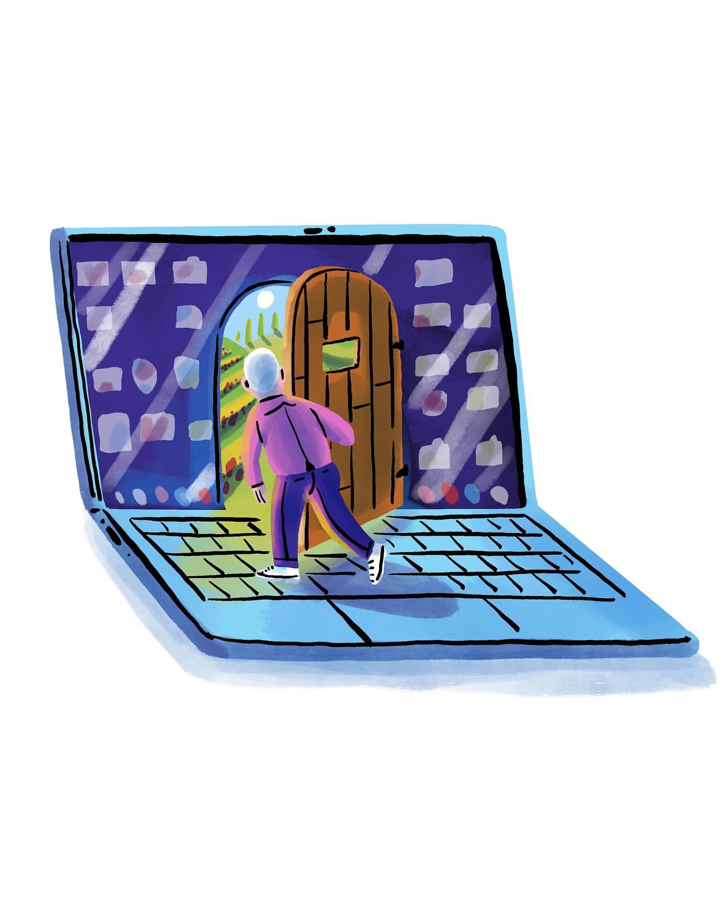 Illustration of a person exiting a laptop screen through a wooden door to a garden landscape with green hills under a bright sky.