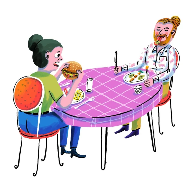 Illustration of a couple dining at a table with a checkered tablecloth, with one person eating a burger and the other with utensils.