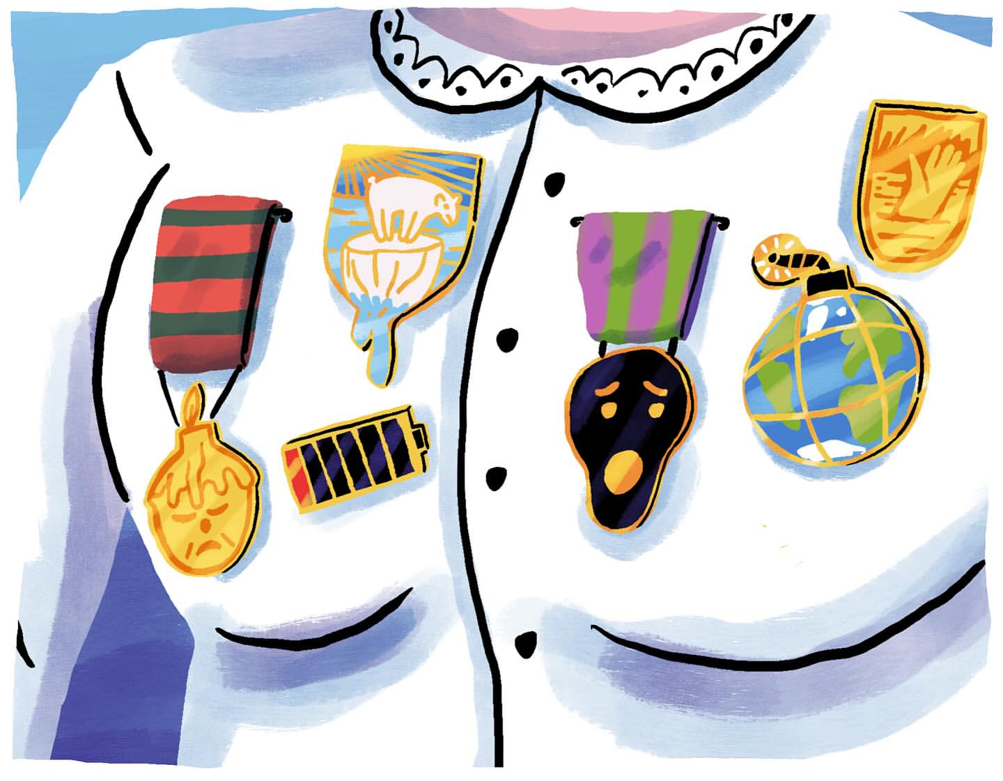 Digital artwork of a person's white shirt adorned with climate crisis-themed badges and pins, including polar bear and melting earth.