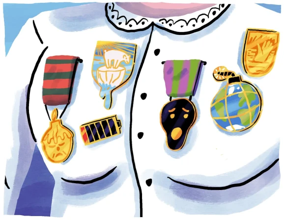 Digital artwork of a person's white shirt adorned with climate crisis-themed badges and pins, including polar bear and melting earth.