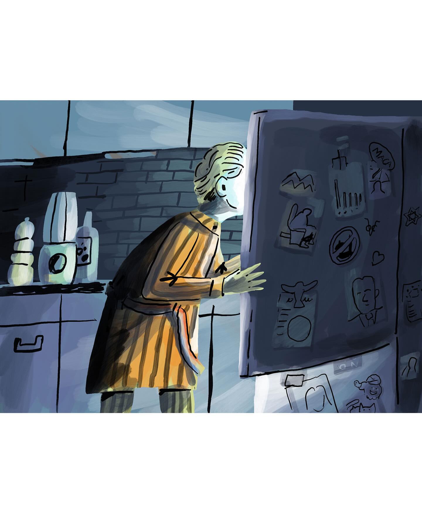 Illustration of a person in a striped robe standing in a kitchen, looking at drawings and notes posted on a refrigerator door.