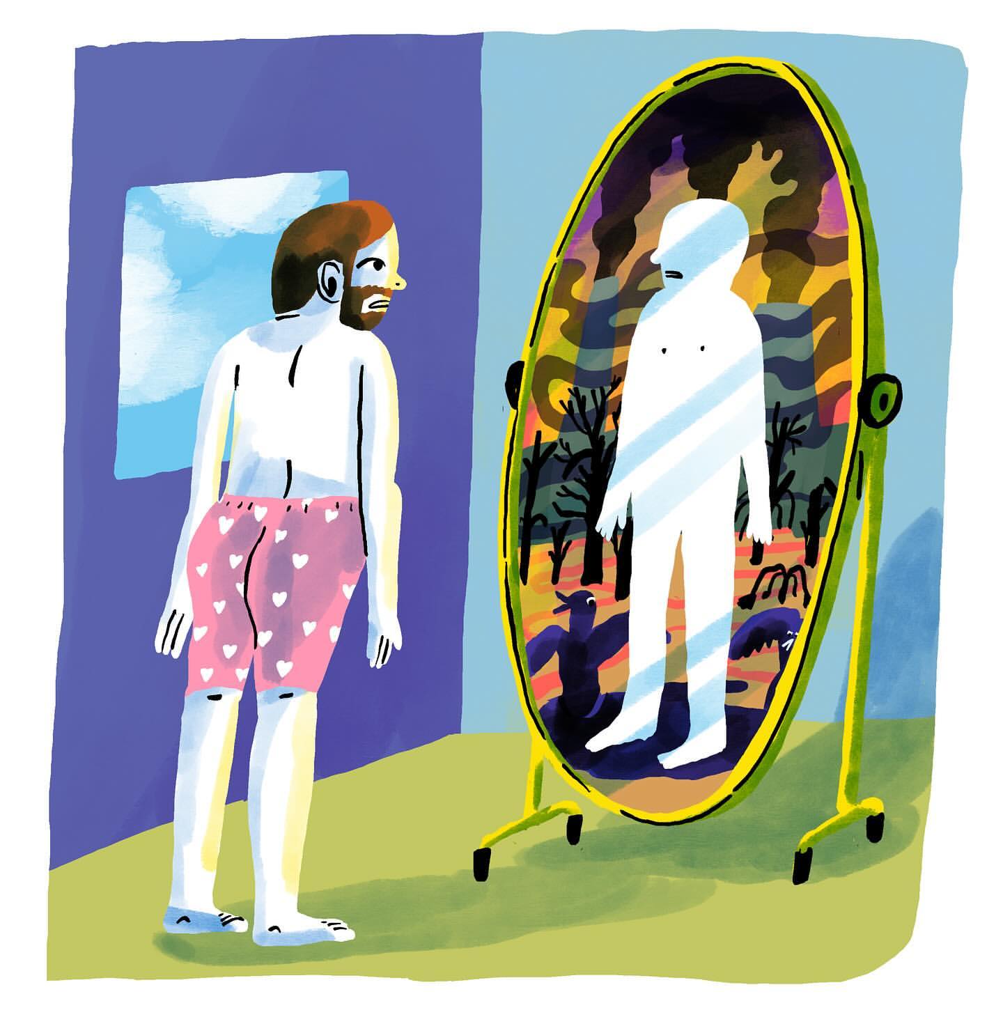 Illustration of an adult male with a beard and pink heart-patterned shorts looking at his distorted reflection in an oval mirror.