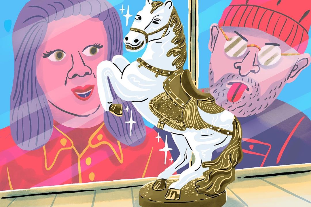 Whimsical illustration of a carousel horse with a white body and gold accents, reflected in the glass with two people looking on.