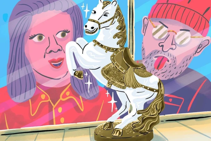 Whimsical illustration of a carousel horse with a white body and gold accents, reflected in the glass with two people looking on.
