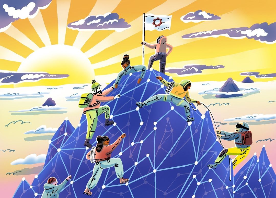 Illustration of people climbing a mountain together towards a flag at the summit, sunrise in the background, cartoon art style.