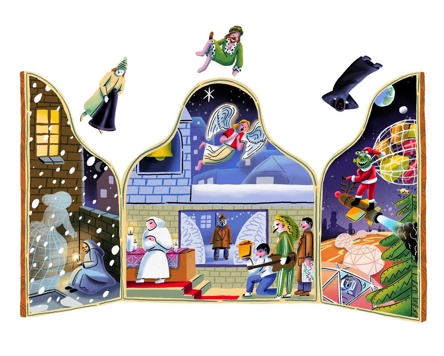 Illustration of a Christmas Carol triptych featuring Scrooge, ghosts, Bob Cratchit, Tiny Tim, and scenes from the story.