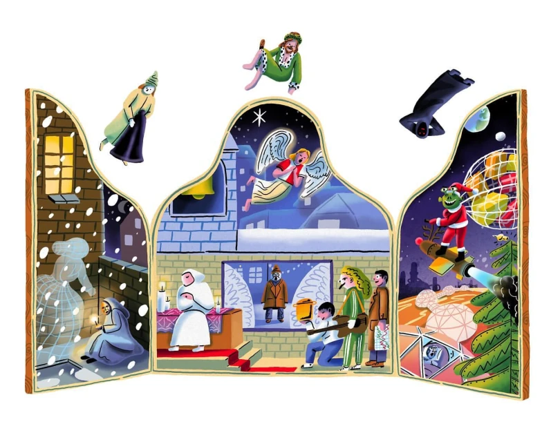 Illustration of a Christmas Carol triptych featuring Scrooge, ghosts, Bob Cratchit, Tiny Tim, and scenes from the story.
