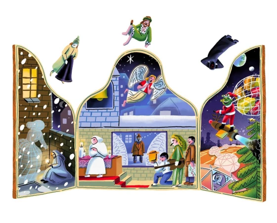 Illustration of a Christmas Carol triptych featuring Scrooge, ghosts, Bob Cratchit, Tiny Tim, and scenes from the story.