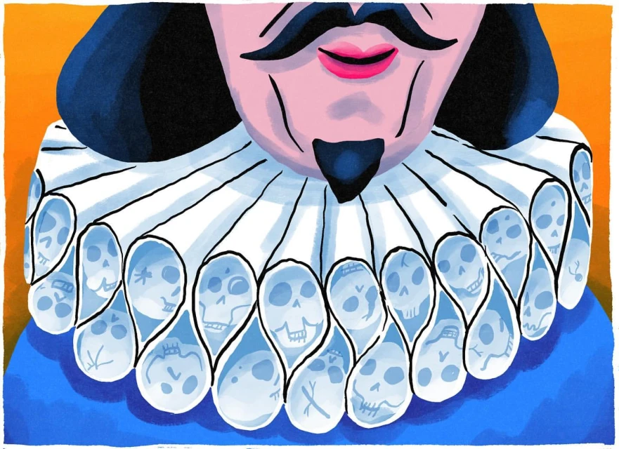 Illustration of a man's face with a moustache and goatee wearing a blue coat and a white ruff with skulls on it against an orange background.