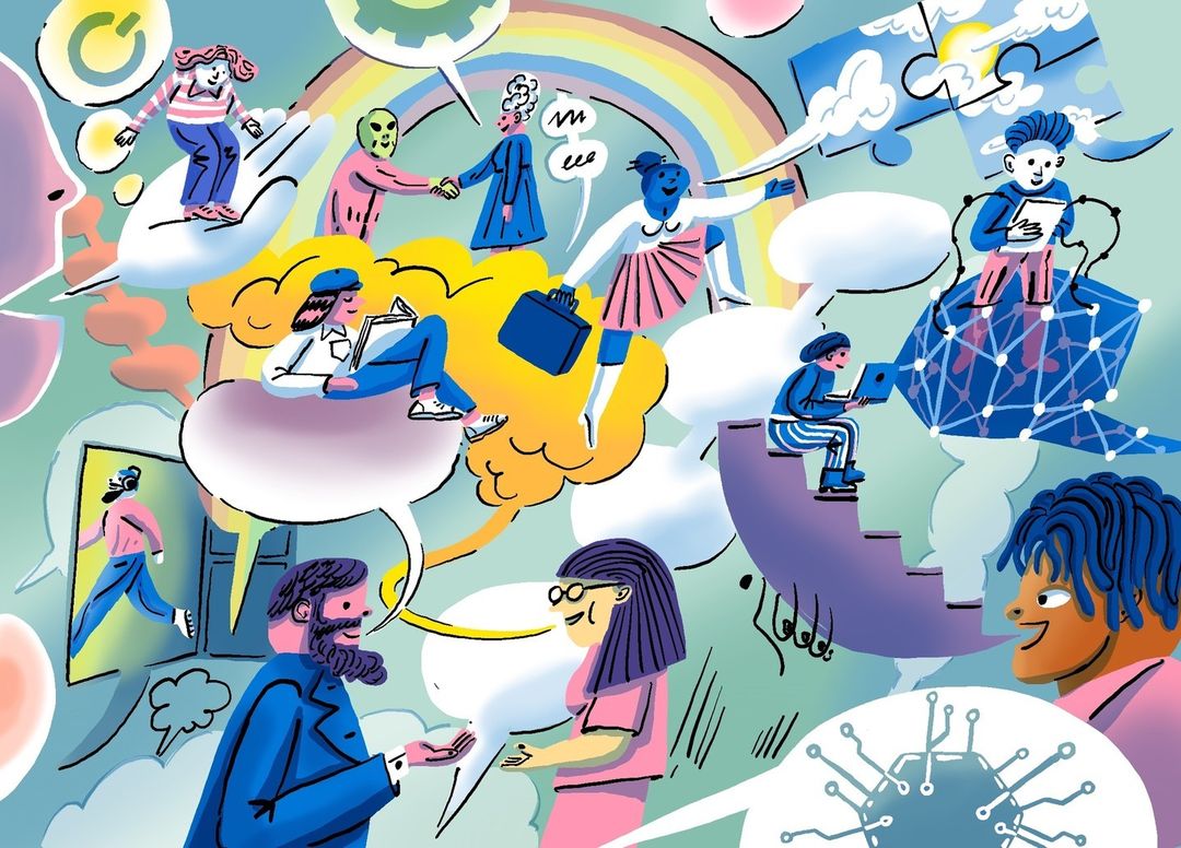 Cartoon illustration of diverse people networking and collaborating using speech bubbles, technology, and teamwork.