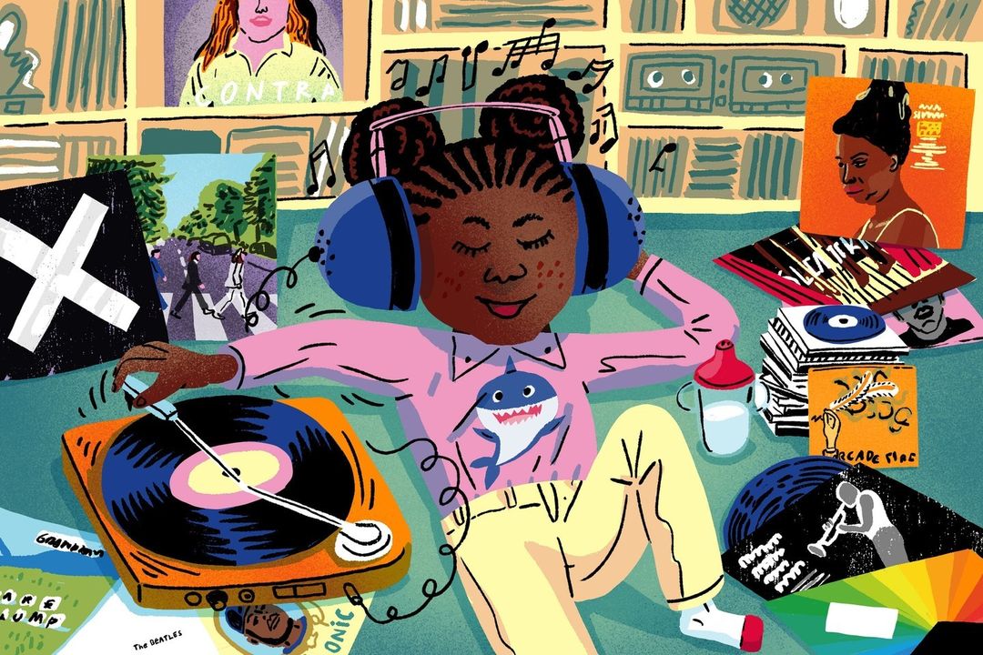 Illustration of a child with headphones using a record player, surrounded by vinyl records and music-themed decor.
