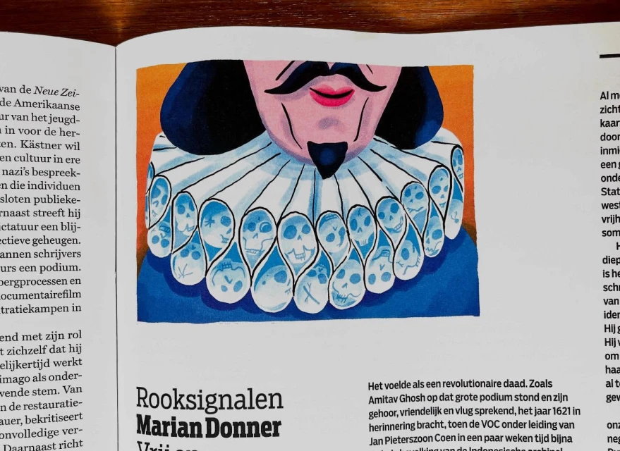 Illustration on a magazine page featuring a man in a ruff with skull details, above newspaper text and heading 'Rooksignalen'.